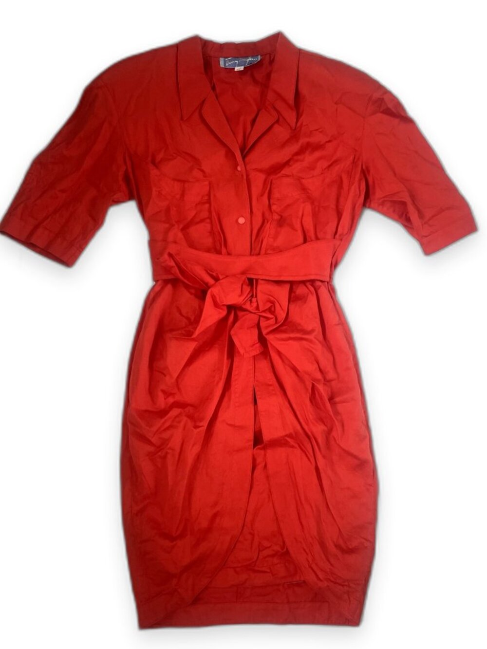 Archival Thierry Mugler Paris Vintage Red Cotton Safari Shirtdress 9AR S 1980s
